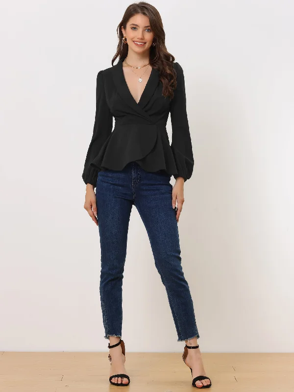 Peplum Long Lantern Sleeve Elegant Wrap V Neck Office Blouse Embellished Collar Blouse