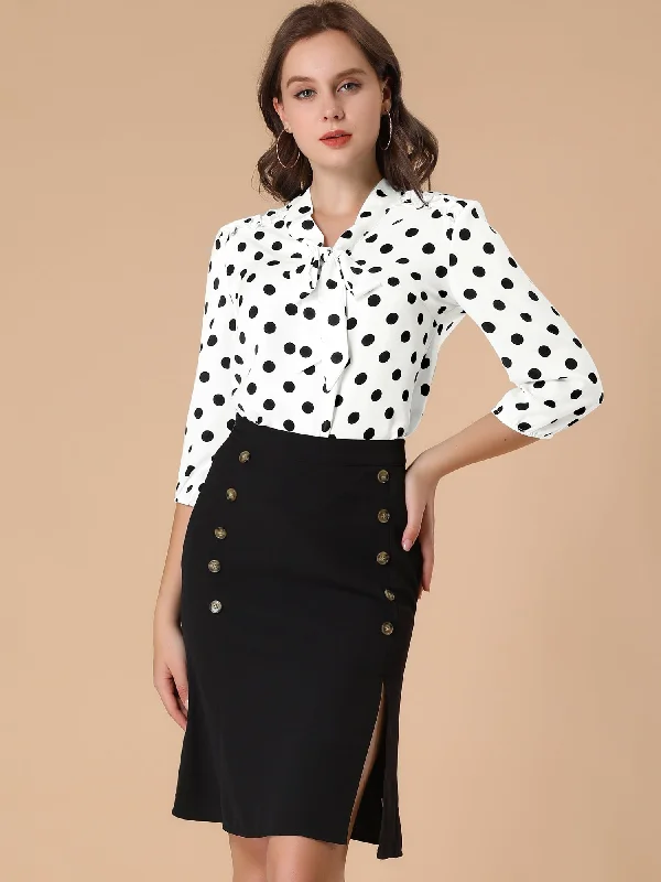 Printed Ruffle Shoulder Elastic Cuff Bow Tie Neck Blouse Puff Sleeve Blouse