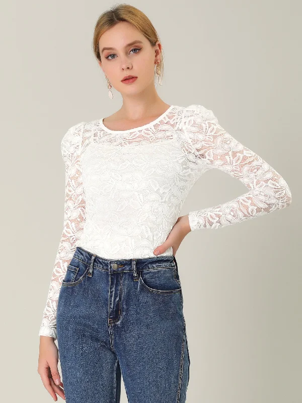 Retro Semi Sheer Puff Long Sleeve Embroidery Lace Blouse Chic Wrap Blouse