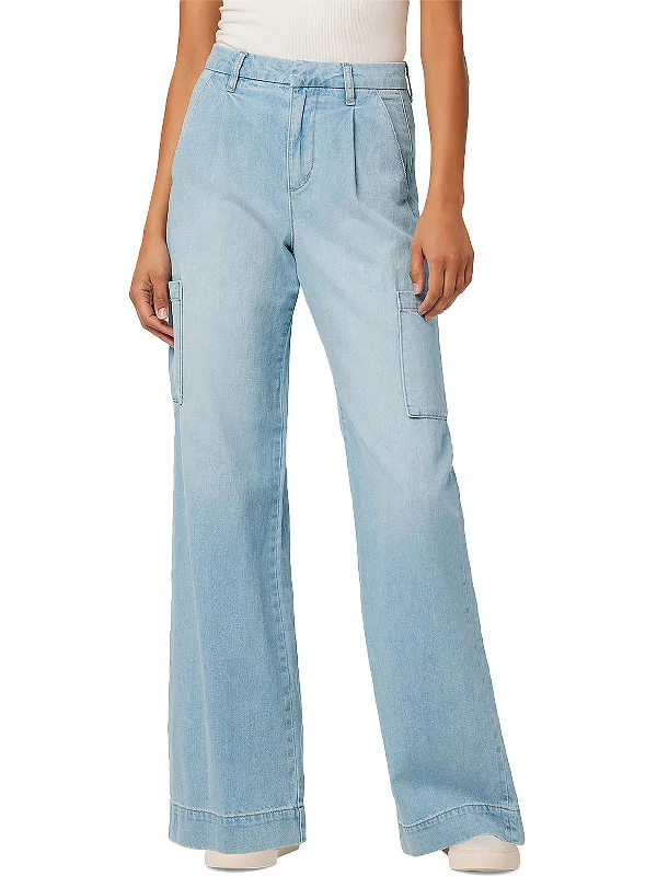 Womens Linen Wide Leg Cargo Jeans Trendy Pleated Waist Jeans
