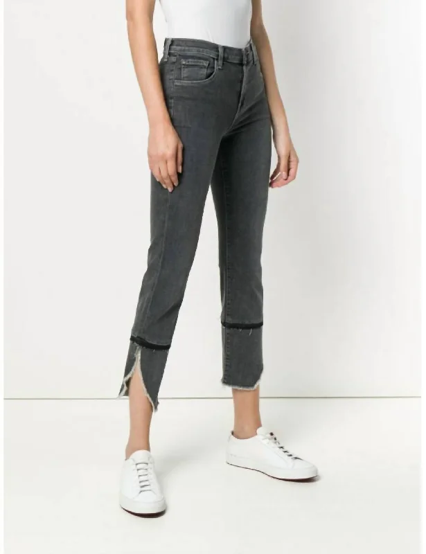 Ruby High Rise Asymmetrical Fray Straight Leg Crop Jeans In Gray Fashionable Cropped Denim Jeans
