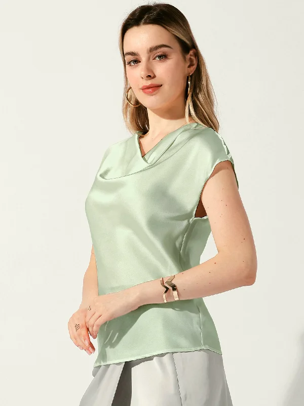 Satin Cowl Neck Short Sleeve Dressy Casual Blouse Loose Fit Blouse