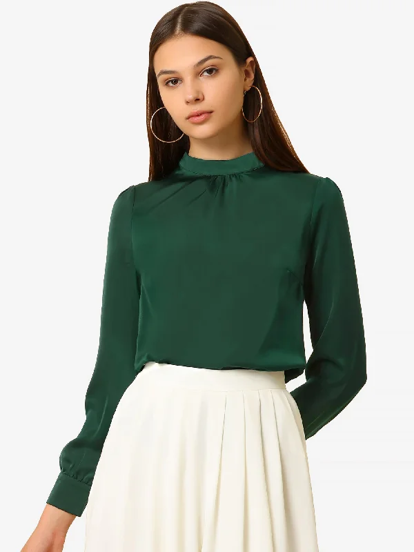 Satin Blouse Puff Sleeve Stand Collar Work Top Drape Neck Blouse