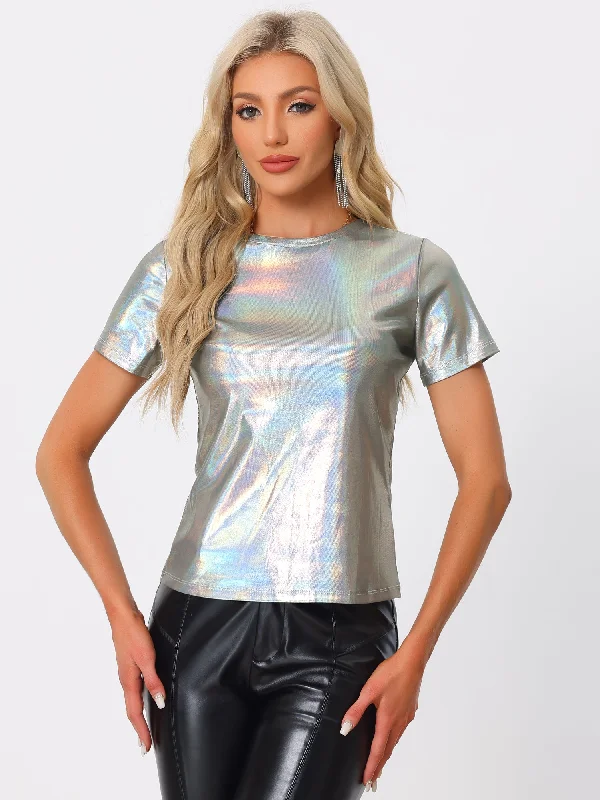 Glitter Metallic Short Sleeve Shiny Multicolor Blouse Embroidered Cotton Blouse