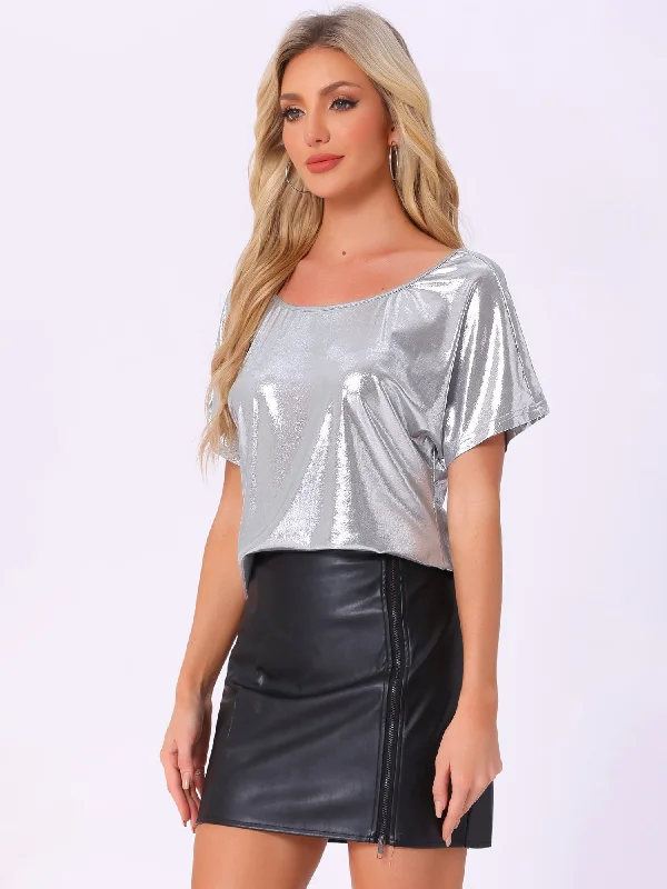 Metallic Off Shoulder Short Sleeve Loose Party Sparkly Blouse Classic White Blouse