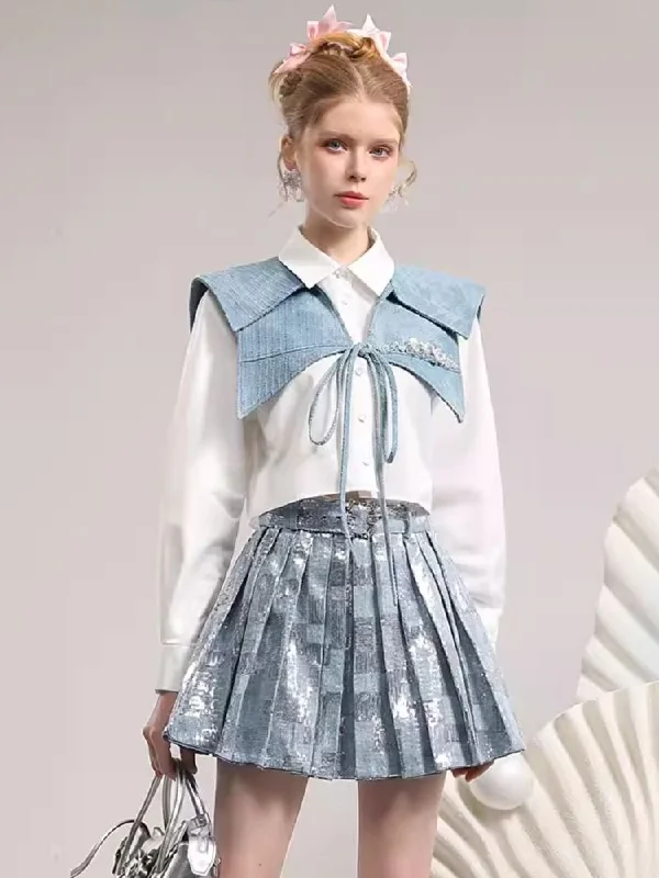 Denim shawl collar collision color blouse【s0000006838】 Oversized Silk Blouse