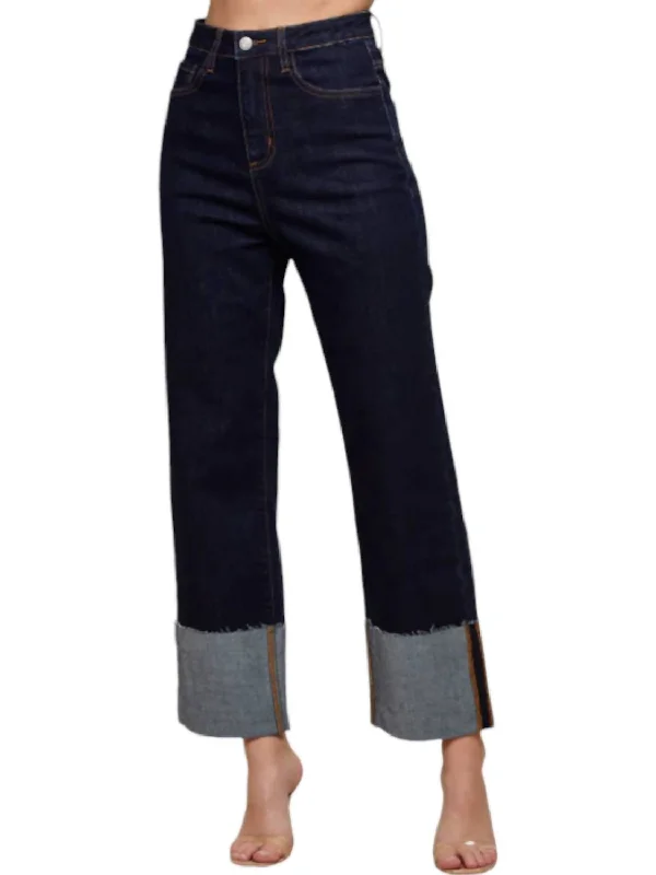 Sarah Straight Leg Cuffed Ankle Jeans In Dark Wash Trendy Wide-Leg High-Waist Denim