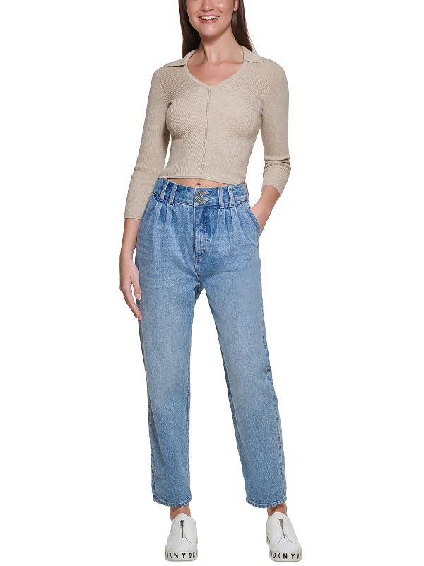 Womens Pleated High Waist Straight Leg Jeans Trendy Skinny High-Waist Jeans
