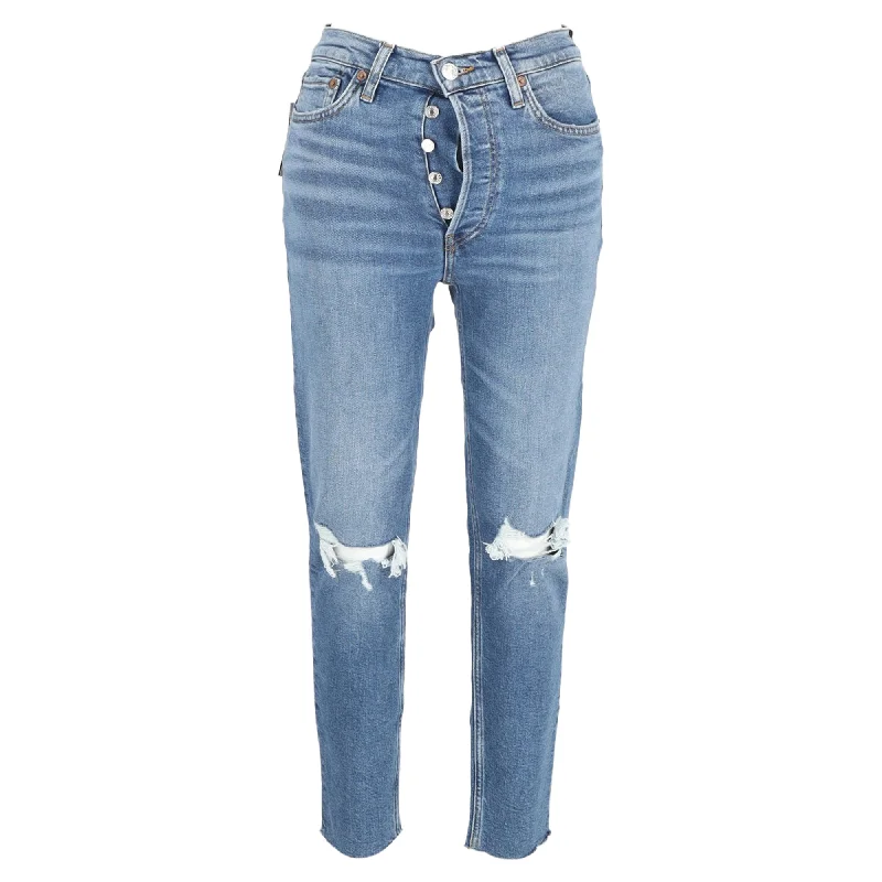 Re/Done Ripped Buttoned Slim-Fit Jeans in Blue Cotton Denim Comfortable Ankle Jeans
