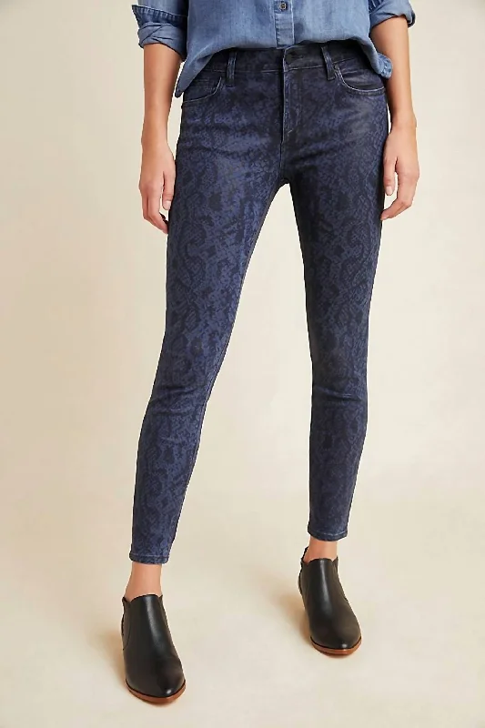 The Charlie High Rise Coated Snake Print Skinny Jeans In Navy Blue Stylish Stone-Wash Denim Jeans