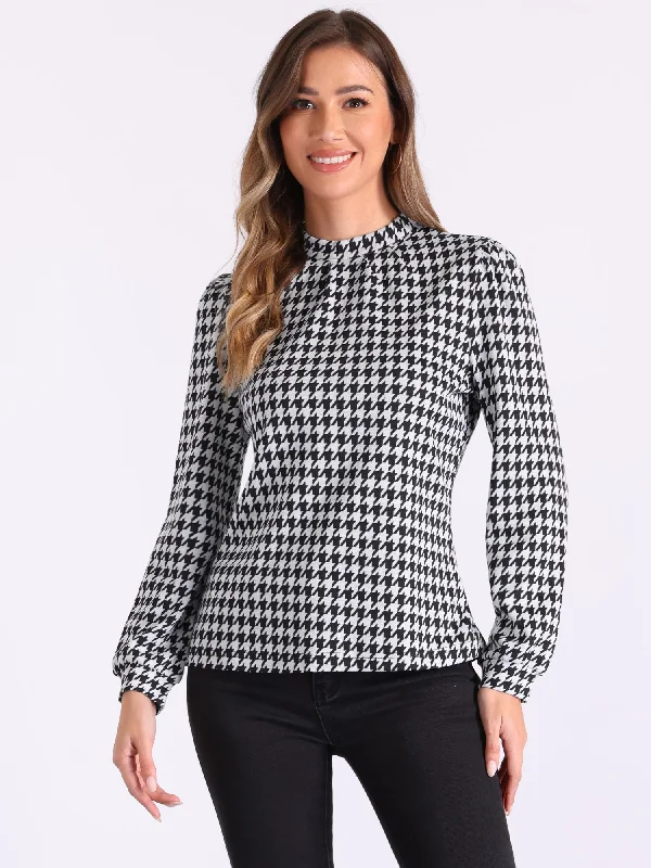 Houndstooth Mock Neck Long Sleeve Casual Blouse Vintage Lace Blouse