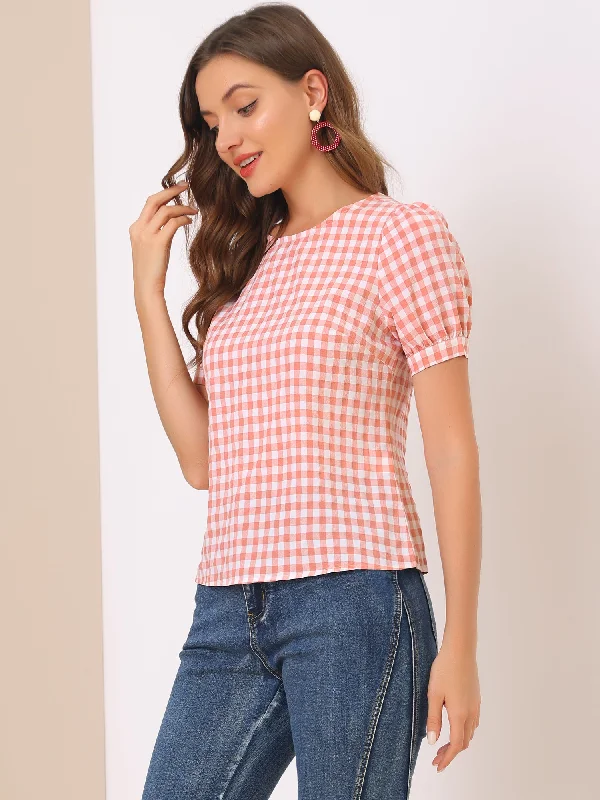 Vintage Blouse Plaid Crew Neck Puff Sleeve Casual Gingham Tops Classic Striped Blouse