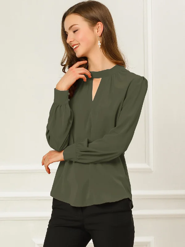 Work Keyhole Shirt Stand Collar Long Sleeve Chiffon Blouse Pleated Collar Blouse