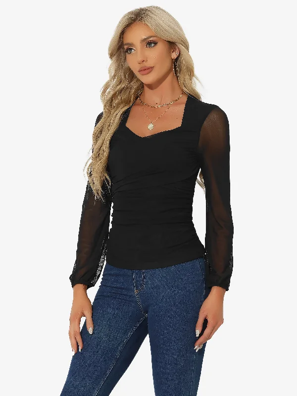 Ruched Mesh V Neck Long Sleeve Slim Fit Dressy Casual Blouse Balloon Sleeve Blouse