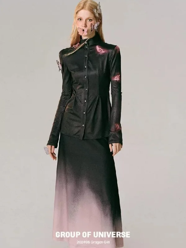 Gradient Neon Print Waistless Blouse + Long Skirt Set【s0000006490】 Sheer Sleeve Blouse