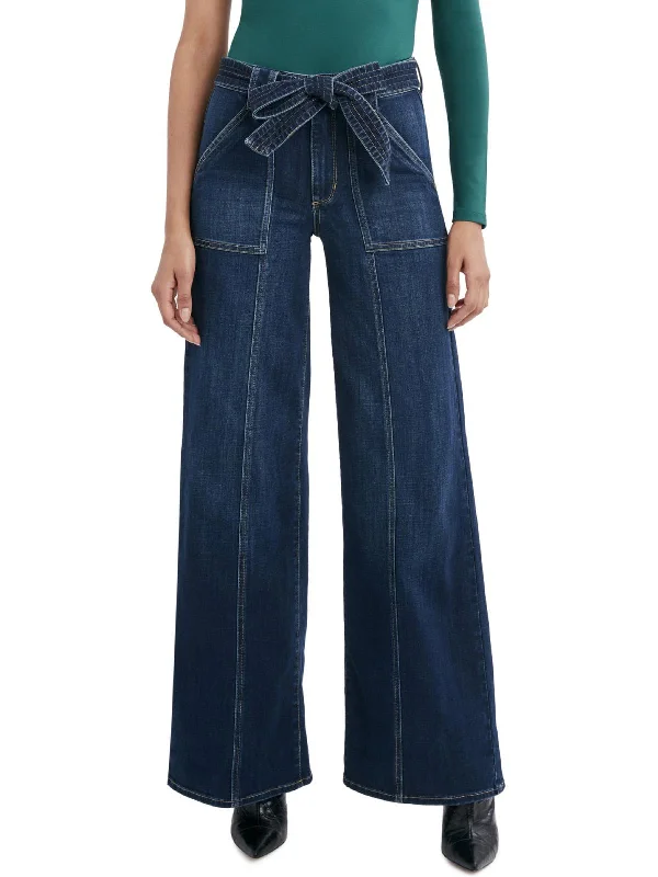 Womens Denim Belted Bootcut Jeans Chic Rolled Cuff Denim Jeans