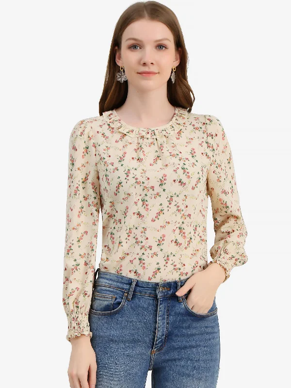 Puff Sleeve Top Elegant Floral Print Smocked Cuffs Ruffle Neck Blouse Elegant Semi-Sheer Blouse