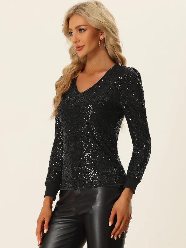Sequin Top V Neck Party Metallic Sparkly Blouse Modern Oversized Blouse