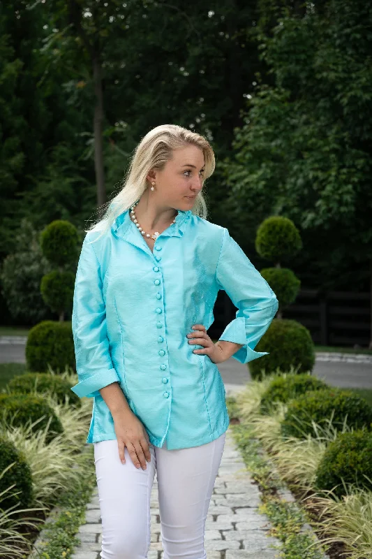 The Delray Ruffle Neck Button Front Silk Blouse in Turquoise Versatile Layering Blouse