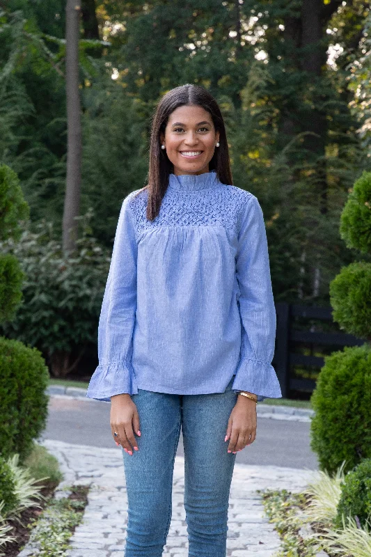 The Vineyard Smocked Blouse in Blue Lurex Cotton Elegant Embroidery Blouse