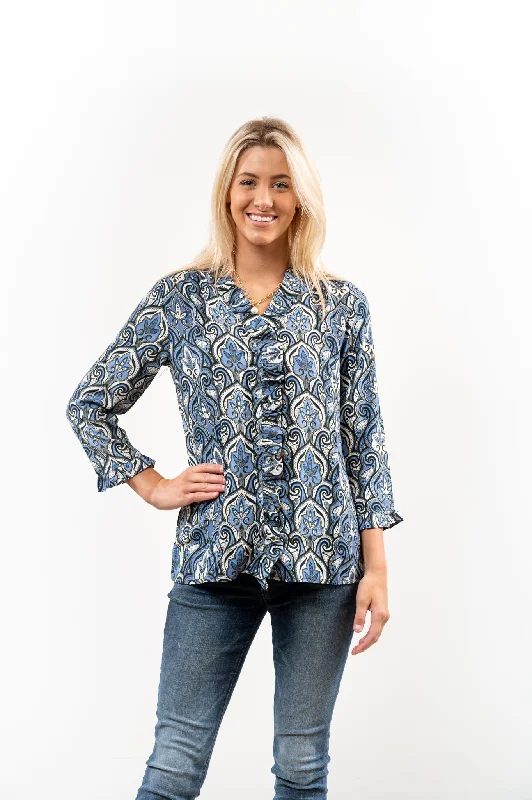 The Bessie Ruffle Front Blouse in Blue Multi Pattern Pleated Collar Blouse