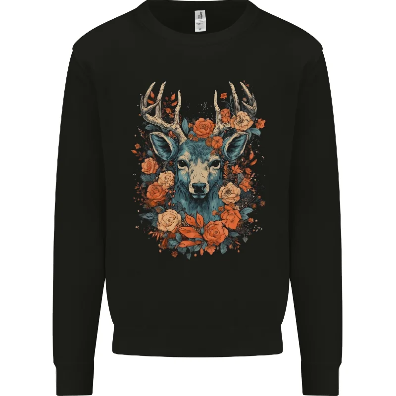 A Fantasy Deer With Flowers Mens Sweatshirt Jumper Hoodie with Hem Ribbing Snug Secure