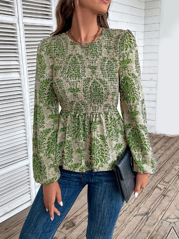 Boho Floral Smocked Long Puff Sleeve Peplum Blouse Off-Shoulder Wrap Blouse