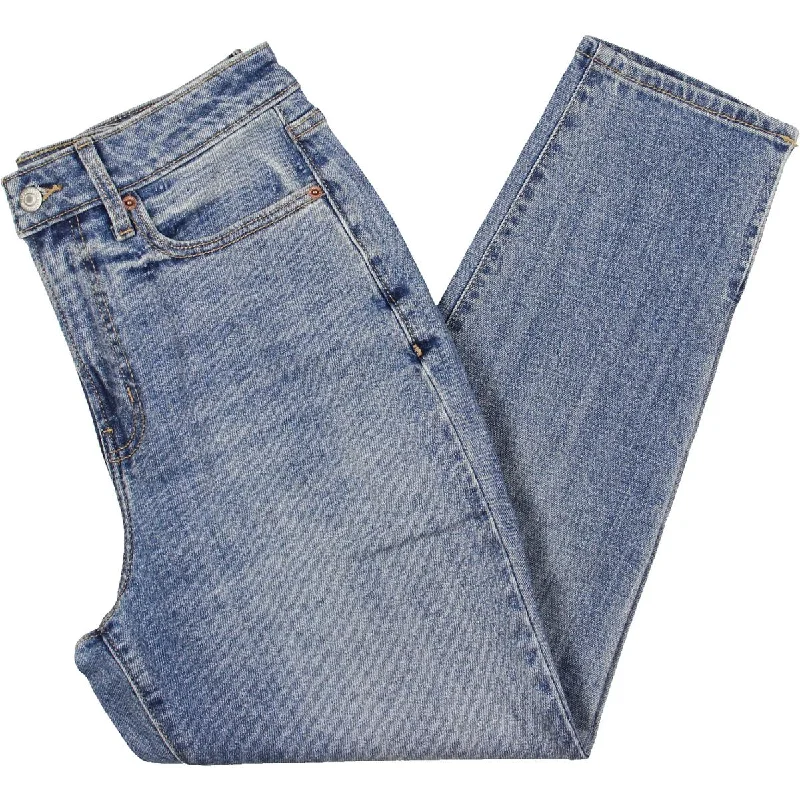 Petites Womens High-Rise Stretch Straight Leg Jeans Chic Double Waistband Jeans
