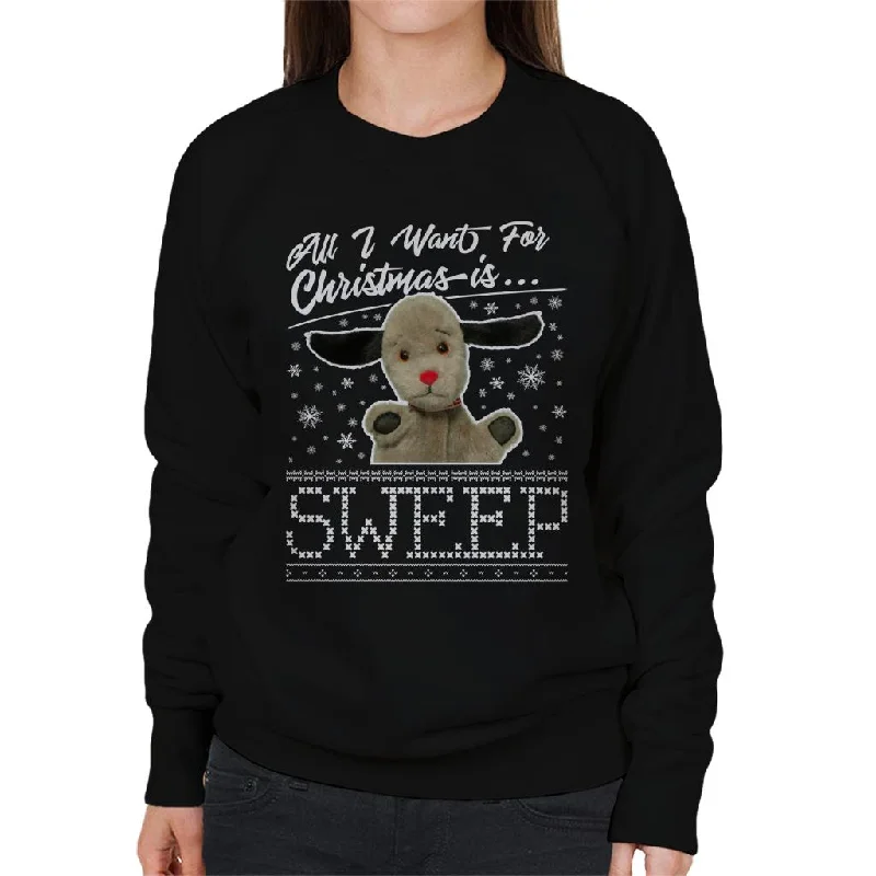 Sooty Christmas All I Want For Christmas Is Sweep Women's Sweatshirt Hoodie with Hem Applique Textured Unique