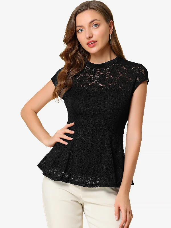 Crochet Peplum Floral Mock Neck Cap Sleeve Lace Blouse Chic Sleeveless Blouse