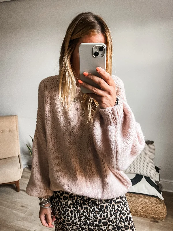 Balloon Sleeve Textured Knit Jumper Seamless Knitted Crochet