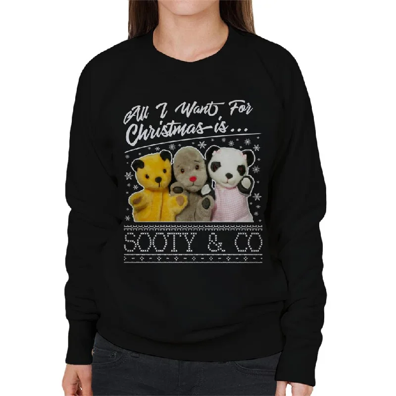 Sooty Christmas All I Want For Christmas Is Sooty And Co Women's Sweatshirt Zip Hoodie Drawstring Kangaroo Pocket