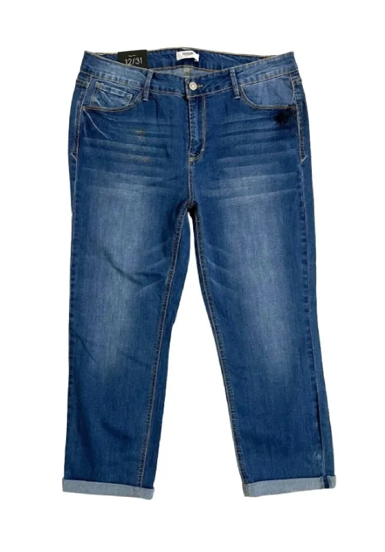 Women'seffortless Ankle Mid Rise Rolled Hem Jeans In Blue Comfortable Dark Wash Jeans