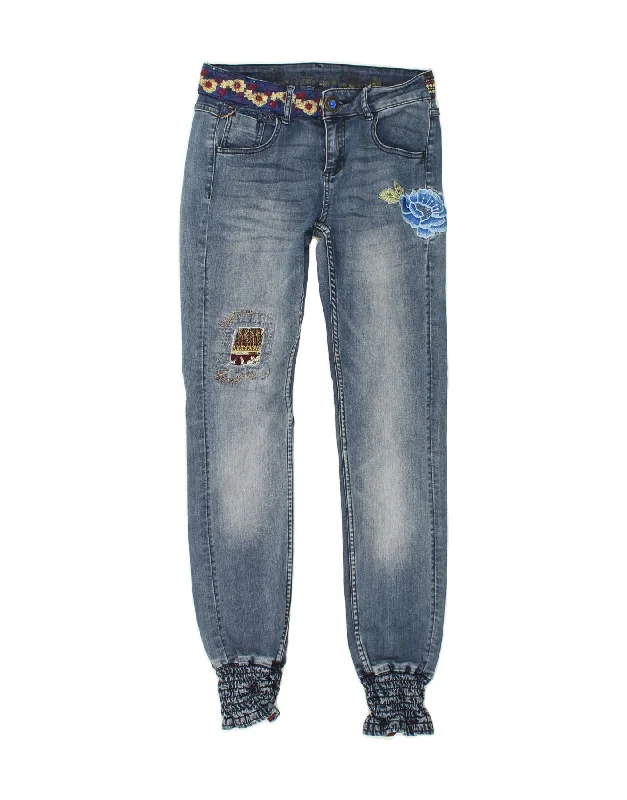 DESIGUAL Womens Graphic Joggers Slim Jeans W28 L31  Blue Floral Comfortable Flare Leg Jeans