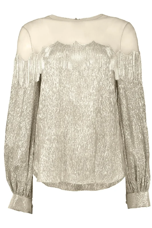 Long Sleeve Chain Fringe Embellished Blouse Satin Drape Blouse