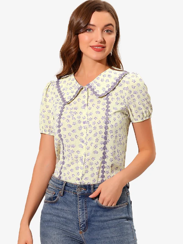 Button Down Tops 1950s Peter Pan Collar Floral Blouse Frilled Cuff Blouse