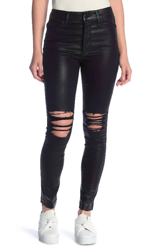 The Charlie Coated High Rise Distressed Ankle Skinny Jeans In Black Stylish Slim Fit Denim