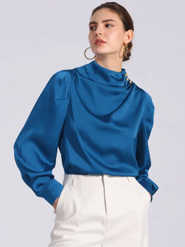 Mock Neck Ruched Button Decor Puff Sleeve Satin Blouse Drape Neck Blouse