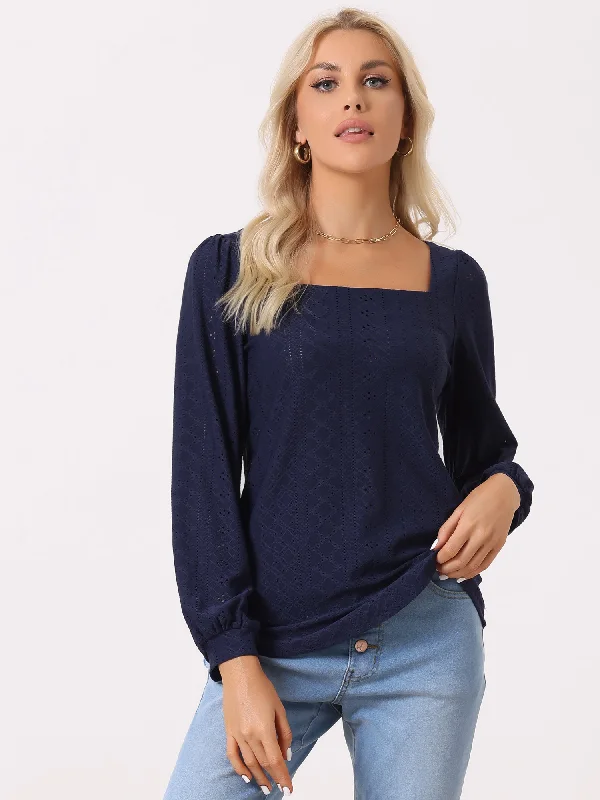 Square Neck Lantern Long Sleeve Eyelet Blouse Boho Printed Blouse