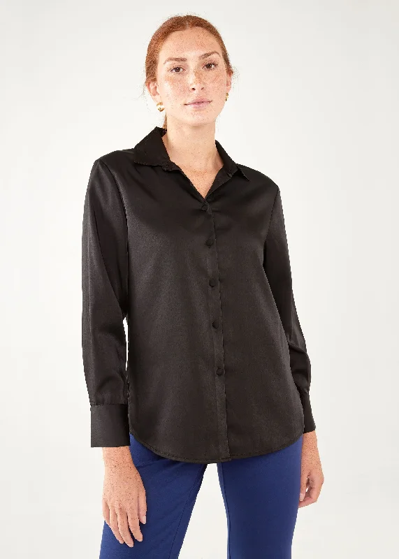 Nora Blouse Black Satin Embroidered Cotton Blouse