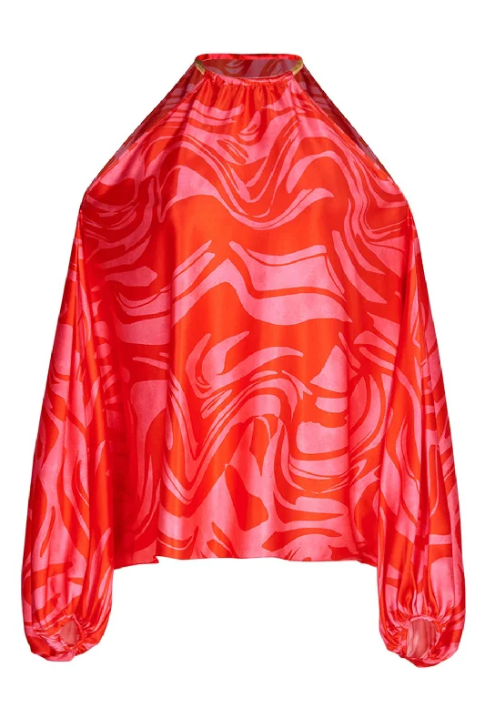 Janina Blouse - Pink Red Marble Embroidered Cotton Blouse