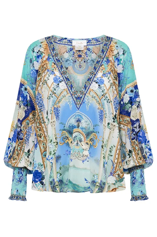 Shirred Cuff Blouse Sleeveless Summer Blouse