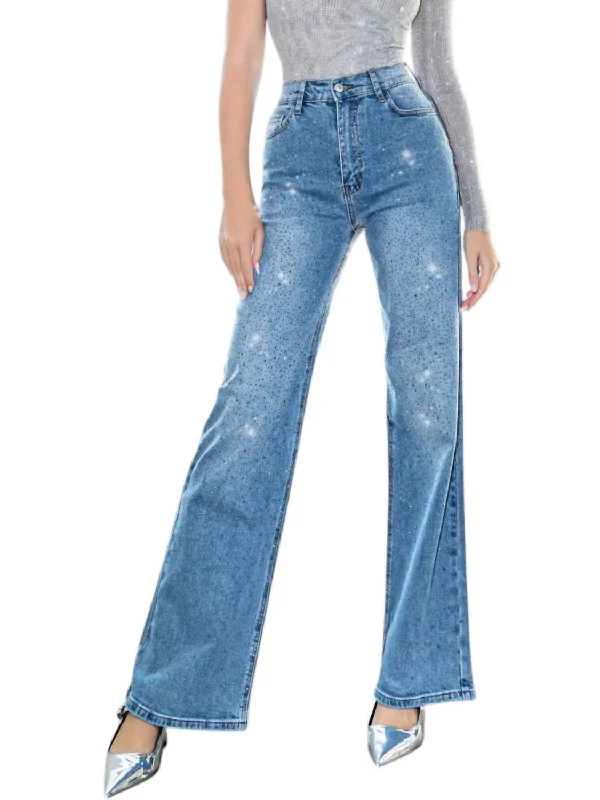 Celine All Over Rhinestone Flare Jeans In Blue Trendy Vintage Denim Jeans