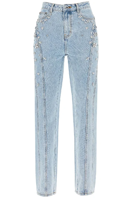 Self Portrait Women's Straight Jeans With Crystals Casual High-Waisted Bootcut Jeans