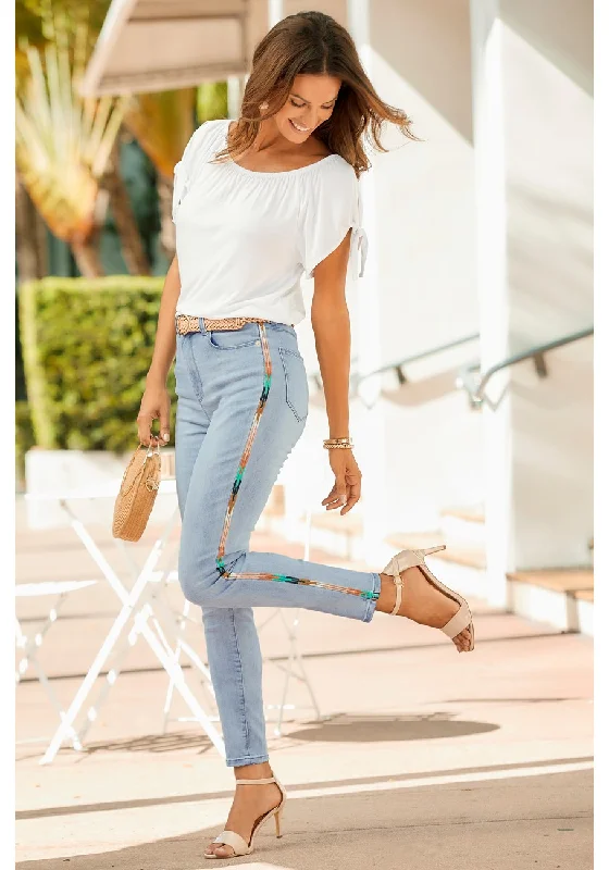 LASCANA Women's Embroidered Side Trim Jeans Casual Distressed Denim Jeans