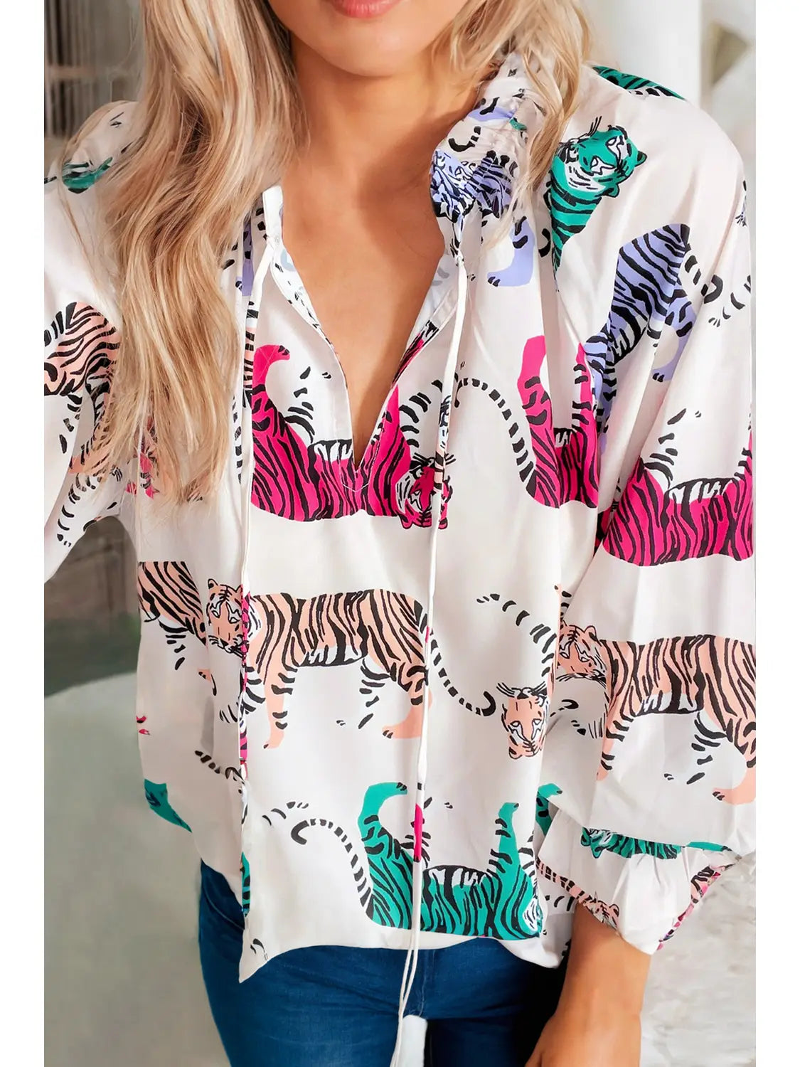 Women's Blouse Tiger Print Ruffled Sleeve Lantern Elegant Silk Blouse