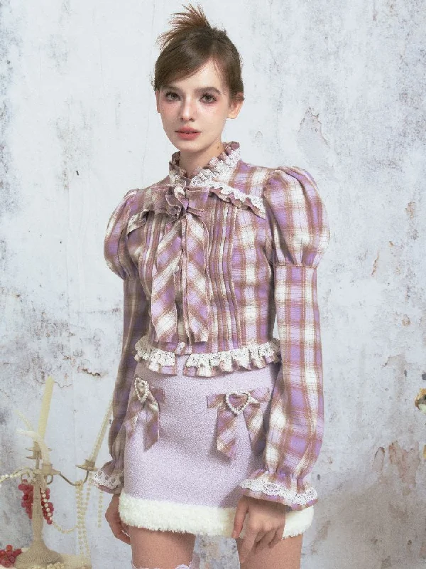 Purple Plaid Bow Lace Bubble Sleeve Blouse Top【s0000005316】 Sheer Mesh Blouse