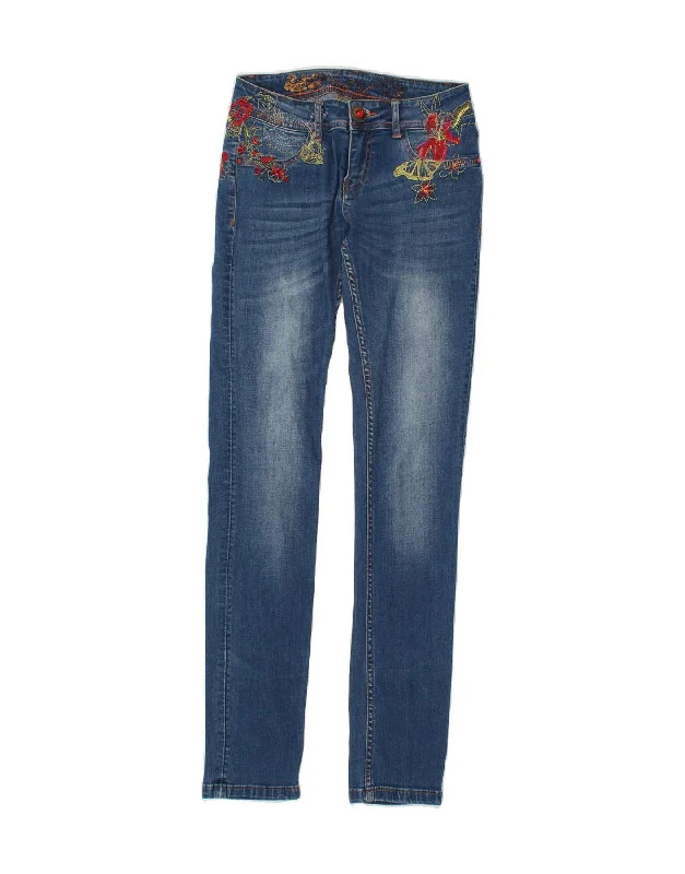 DESIGUAL Womens Graphic Skinny Jeans W26 L31 Blue Floral Stylish Stone-Wash Denim Jeans