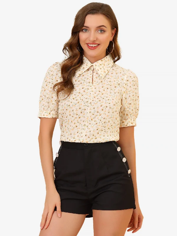 Elegant Turndown Collar Summer Puff Sleeve Vintage Floral Blouse Satin Bow Blouse