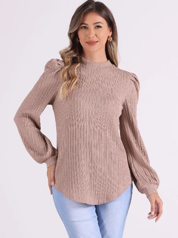 Textured Long Sleeve Mock Neck Puff Sleeve Blouse Tunic Tops Stylish Wrap Blouse